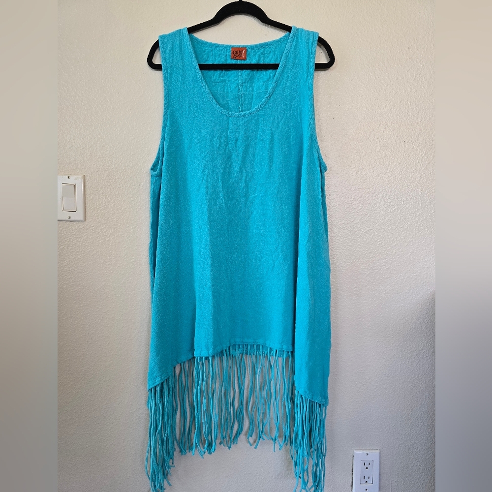 Oh My Gauze! Blue Sleeveless Fringe Top
